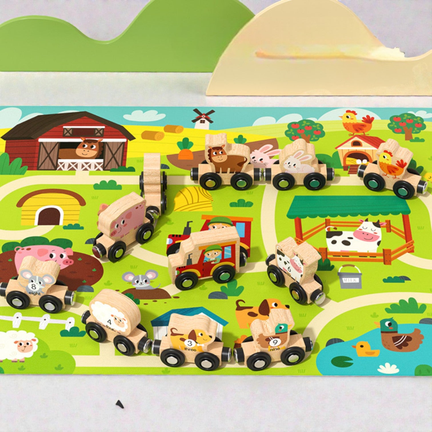 Goryeo Baby 磁性農場動物數字小火車木製玩具 (11節裝連場景布) 主圖