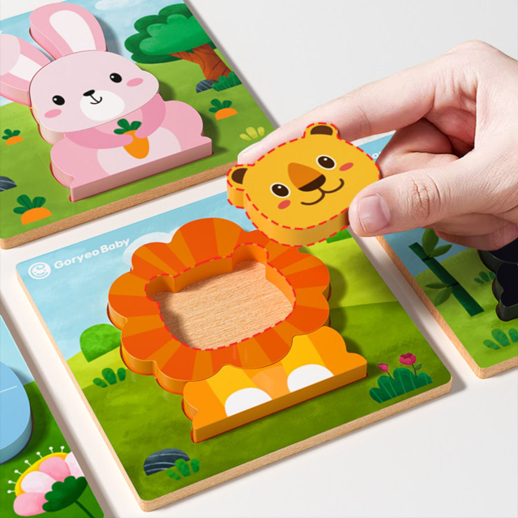 Goryeo Baby 蒙特梭利木質 3D 立體拼圖 幼童早教益智積木手抓板